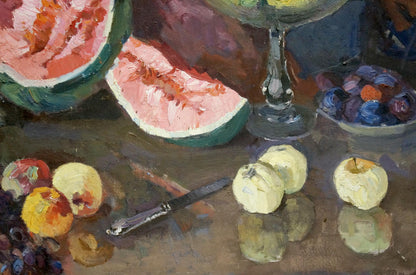 Oil painting by Alexander Kerzhner: vibrant fruit still life with watermelon