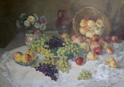 Oil painting by Alexander Kerzhner: still life with apples, grapes on white cloth