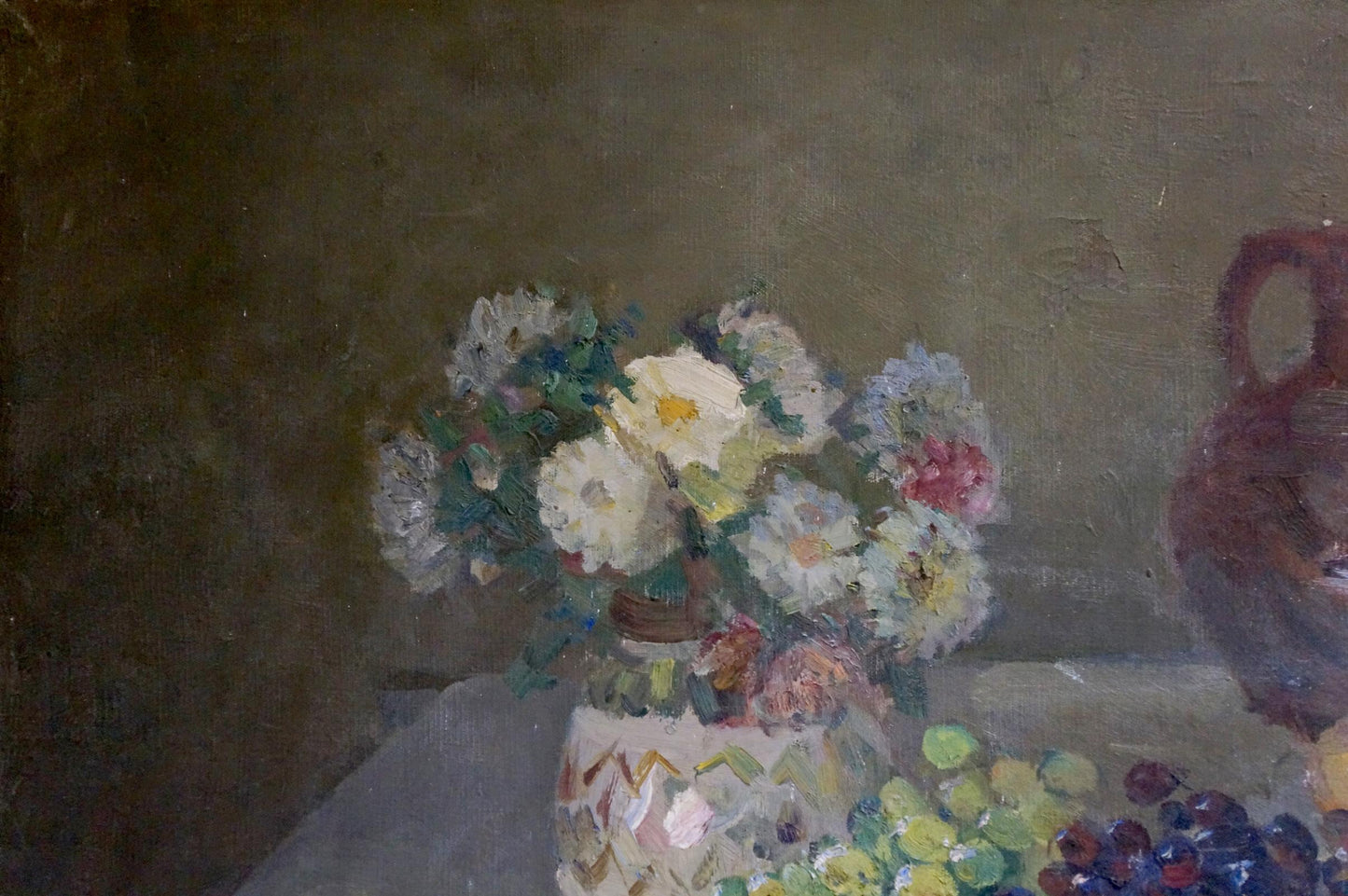 Oil painting of white mosaic vase with pink yellow white flowers by Alexander Kerzhner