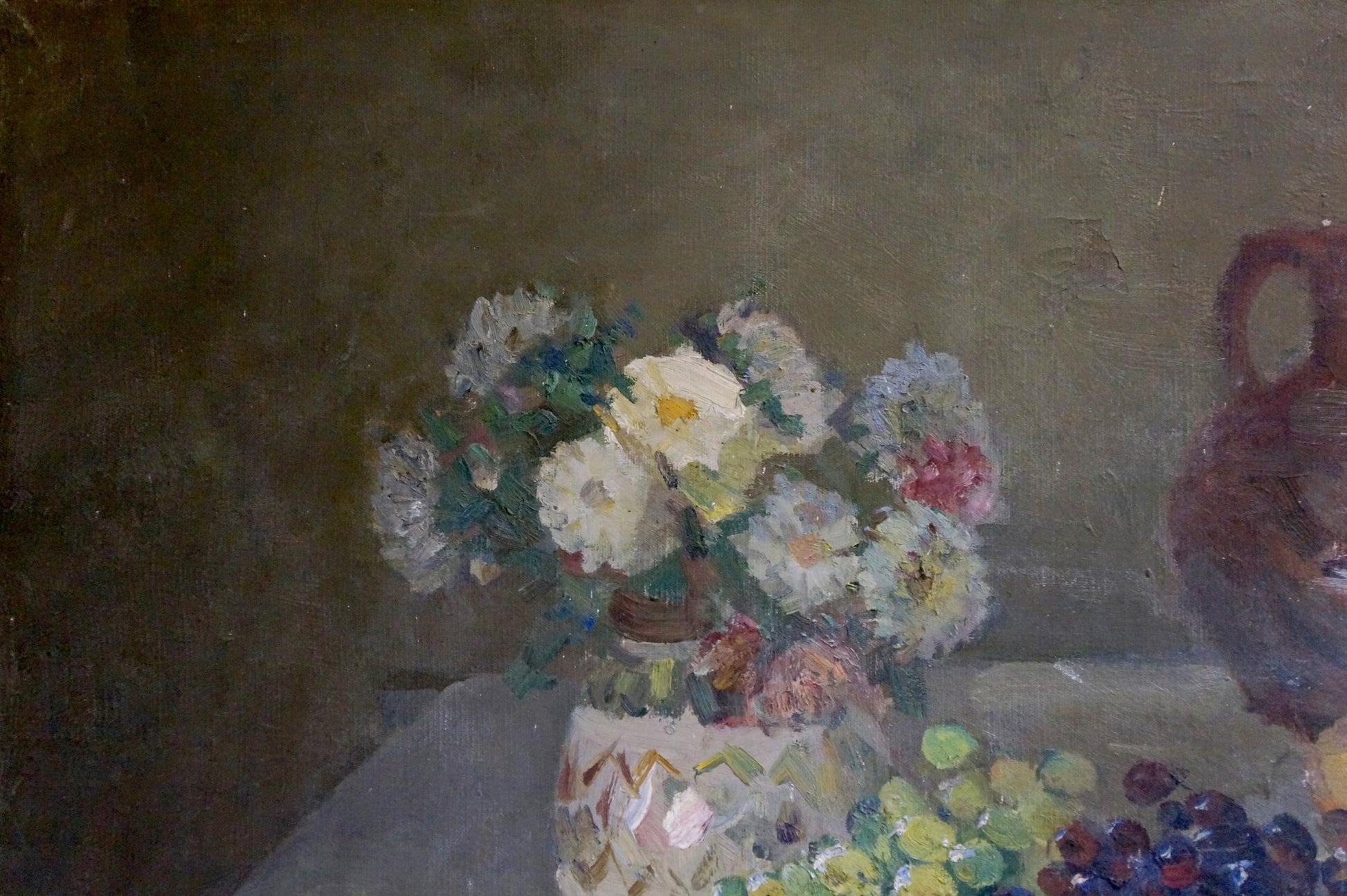 Oil painting of white mosaic vase with pink yellow white flowers by Alexander Kerzhner