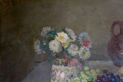 Oil painting of white mosaic vase with pink yellow white flowers by Alexander Kerzhner