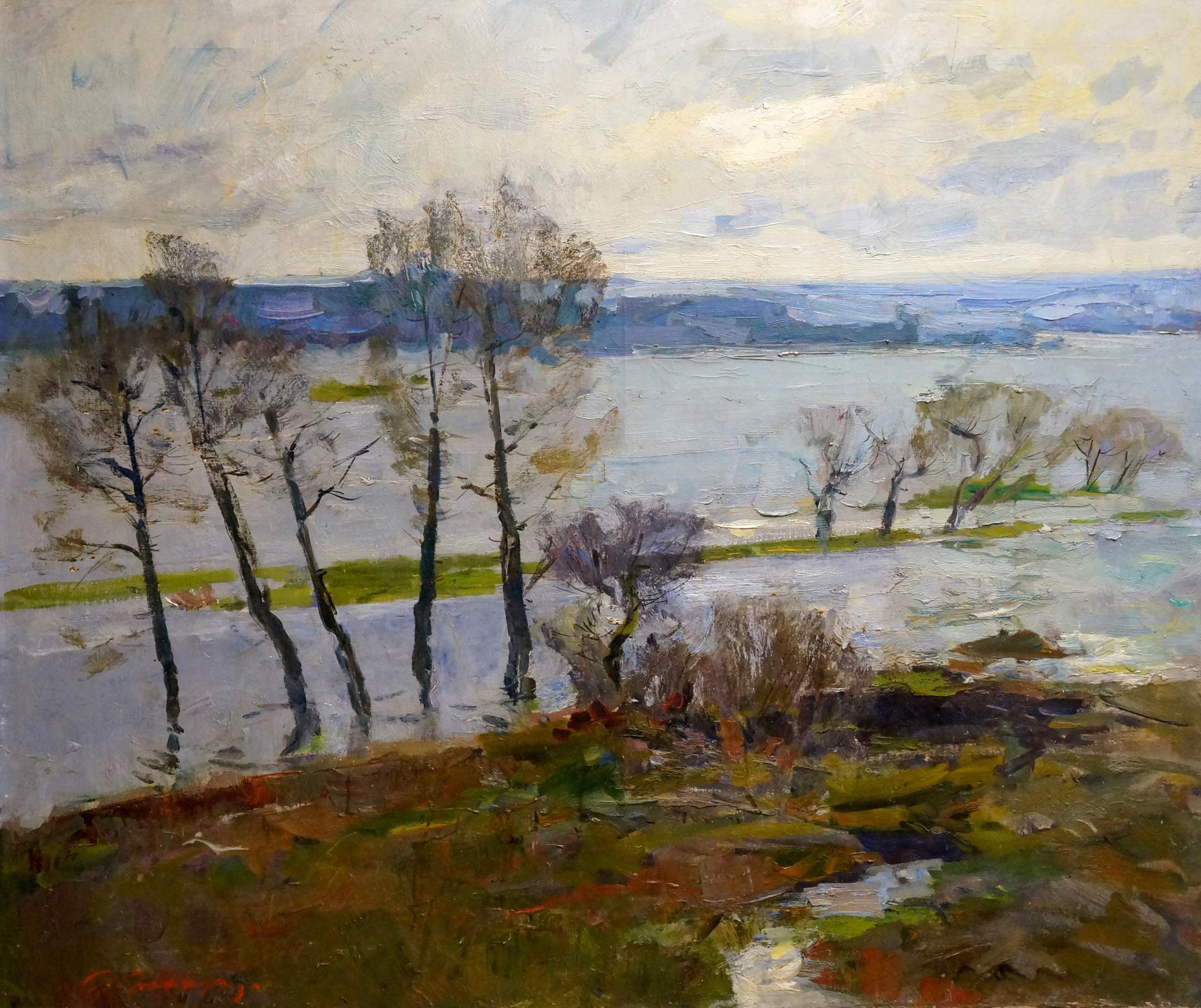 Oil painting landscape by Zakharov Fedor Zakharovich: serene flooded riverbank