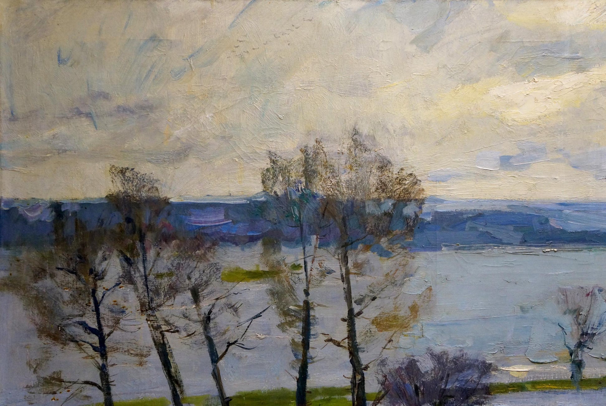 Textured impressionist oil painting by Zakharov Fedor Zakharovich: bare trees, cloudy sky over water