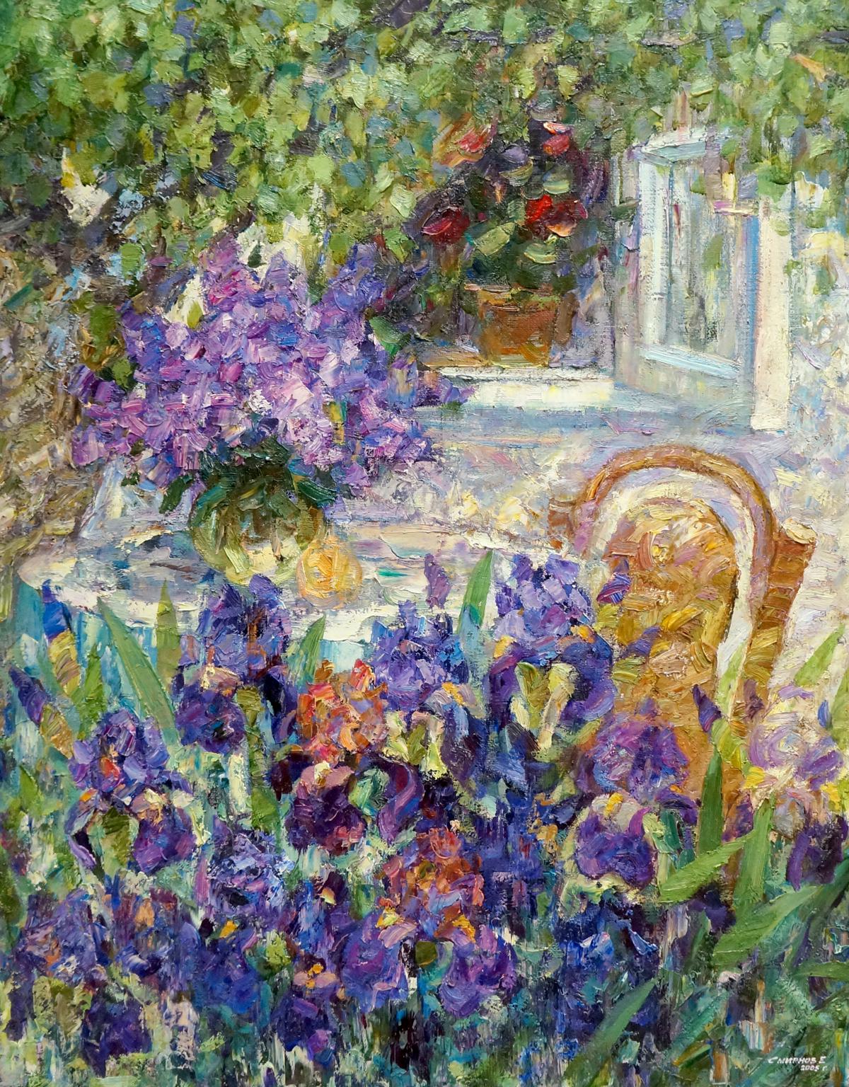 Vibrant purple lilac bush in full bloom oil painting by Smirnov Evgeny Vladimirovich