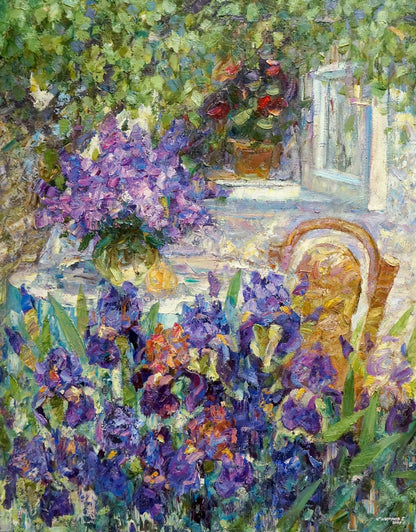 Vibrant purple lilac bush in full bloom oil painting by Smirnov Evgeny Vladimirovich