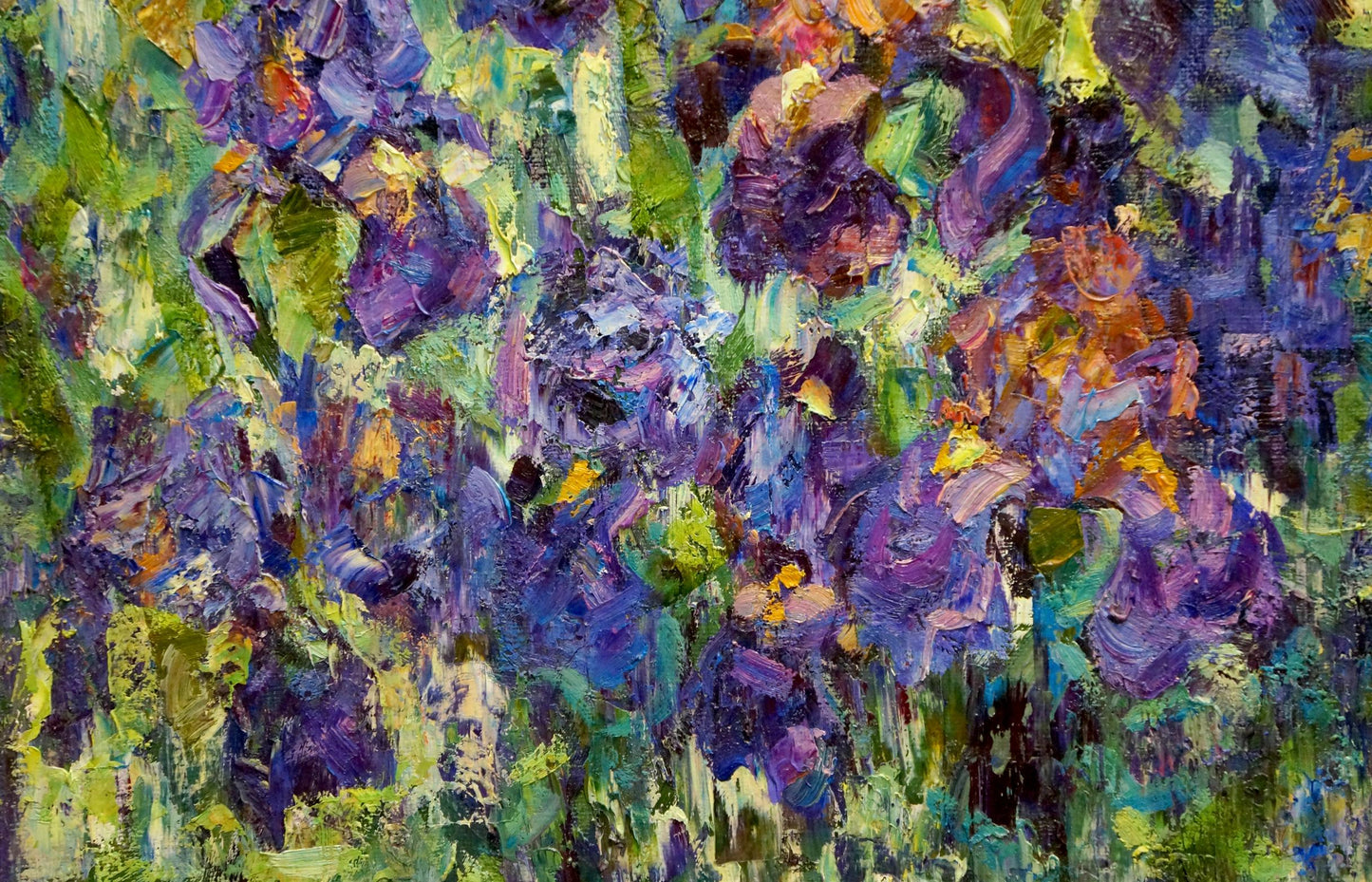 Vibrant purple green abstract floral oil painting Flowering Yard by Smirnov Evgeny Vladimirovich