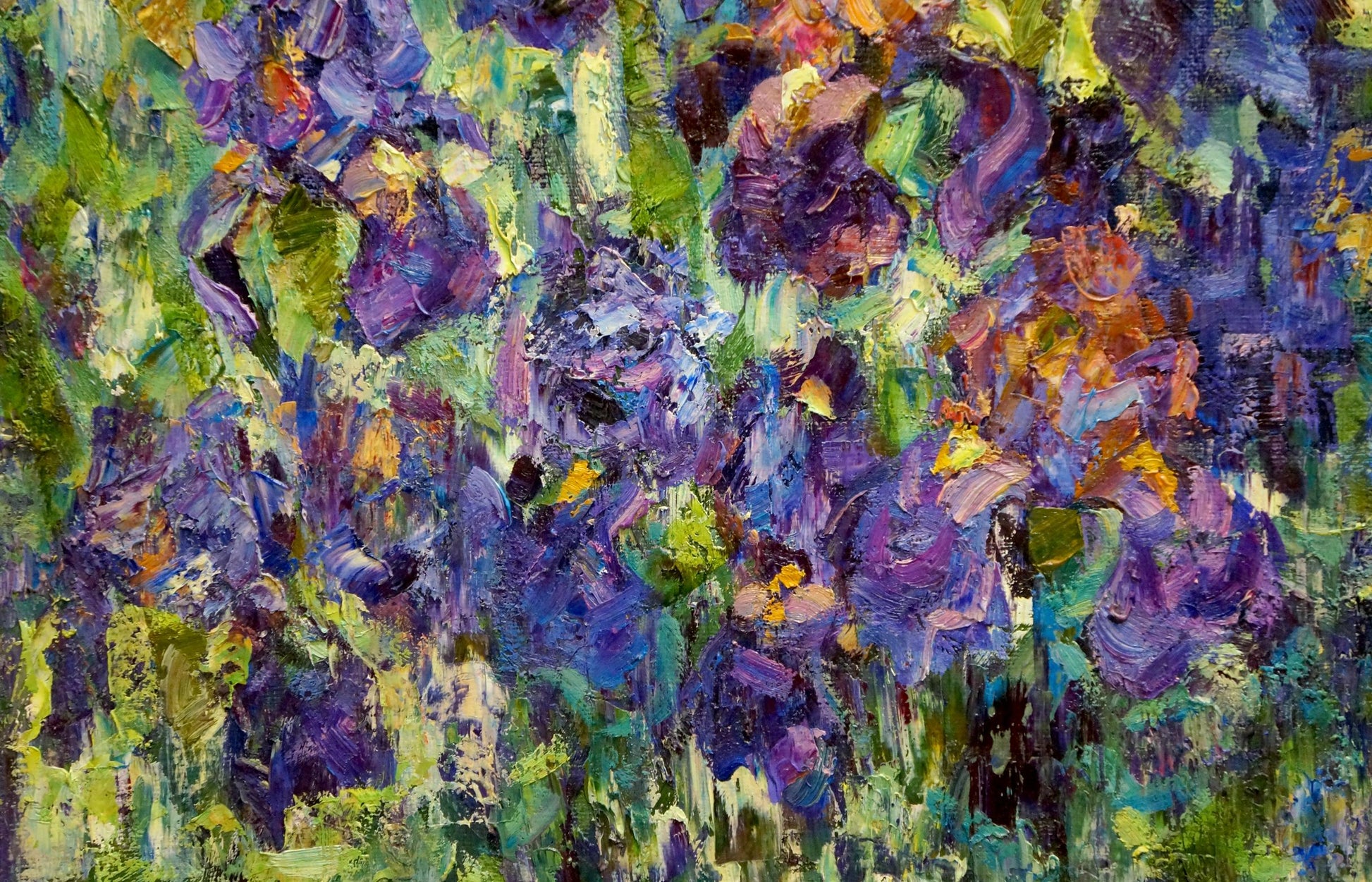 Vibrant purple green abstract floral oil painting Flowering Yard by Smirnov Evgeny Vladimirovich