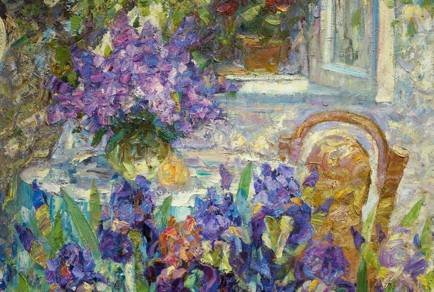 Oil painting of vibrant purple lilac bouquet in green vase by Smirnov Evgeny Vladimirovich