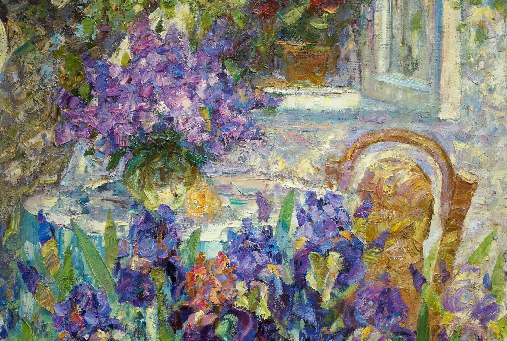 Oil painting of vibrant purple lilac bouquet in green vase by Smirnov Evgeny Vladimirovich