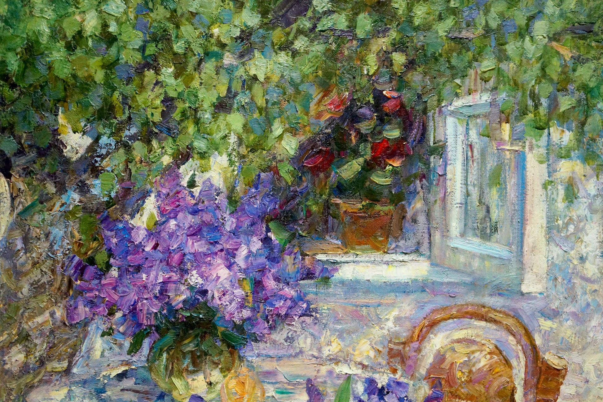 Oil painting of vibrant purple lilac bush in terracotta pot by Smirnov Evgeny Vladimirovich