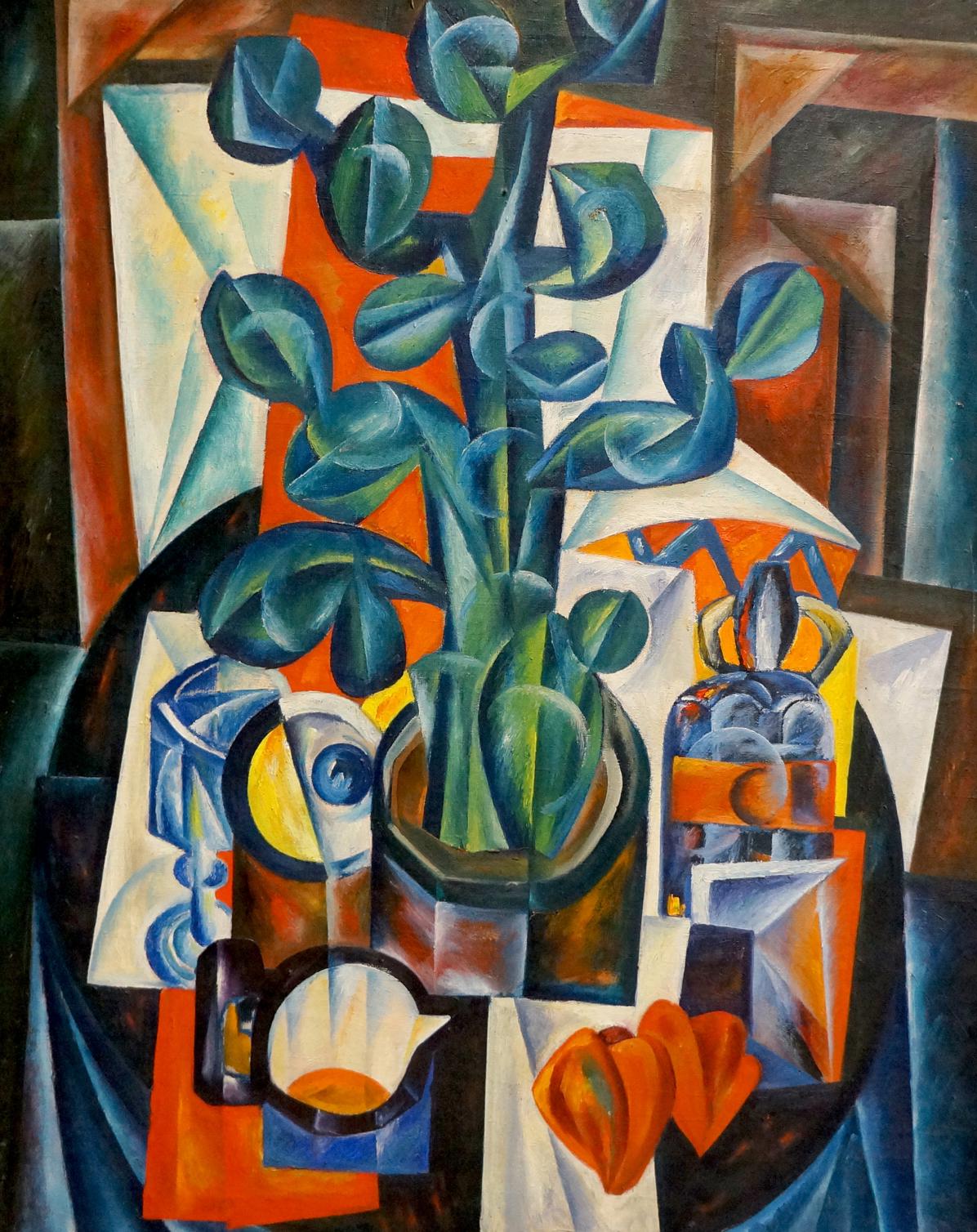 Abstract oil painting of vibrant blue green cactus in dark geometric vase by Kakichev Yuri Petrovich