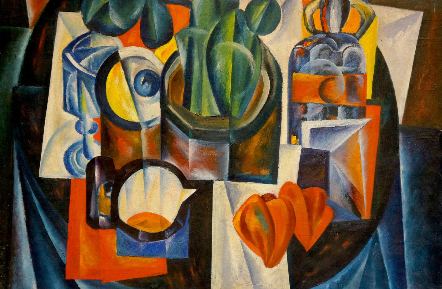 Vibrant green cactus in dark geometric pot, Kakichev Yuri Petrovich still life painting