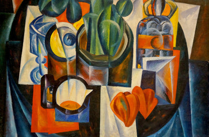 Vibrant green cactus in dark geometric pot, Kakichev Yuri Petrovich still life painting