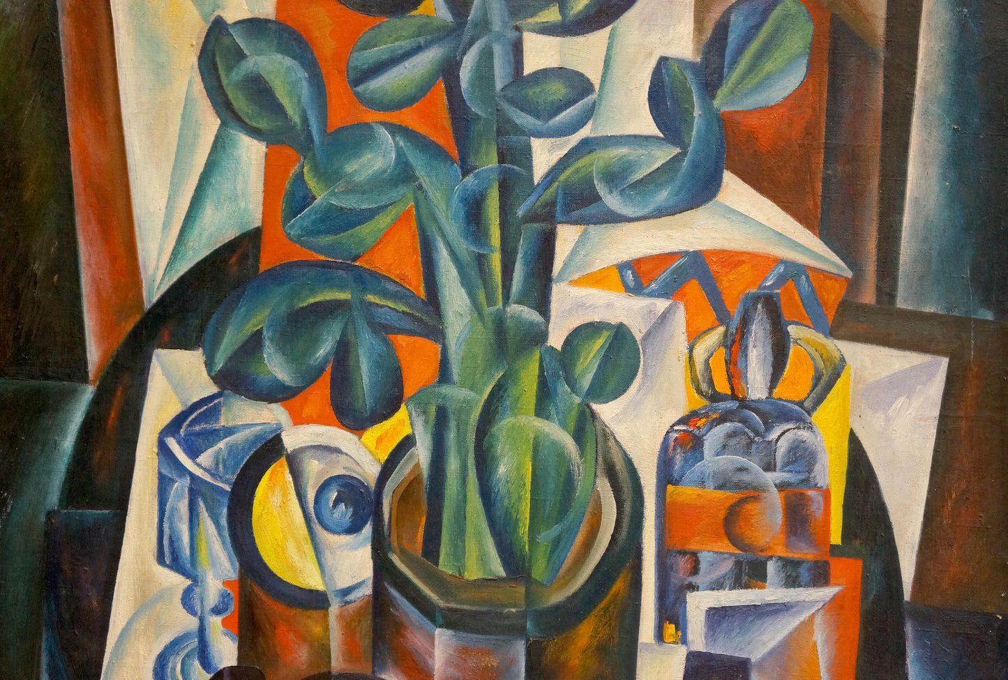 Abstract oil painting by Kakichev Yuri Petrovich: green plant in orange brown vase