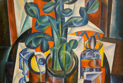 Abstract oil painting by Kakichev Yuri Petrovich: green plant in orange brown vase