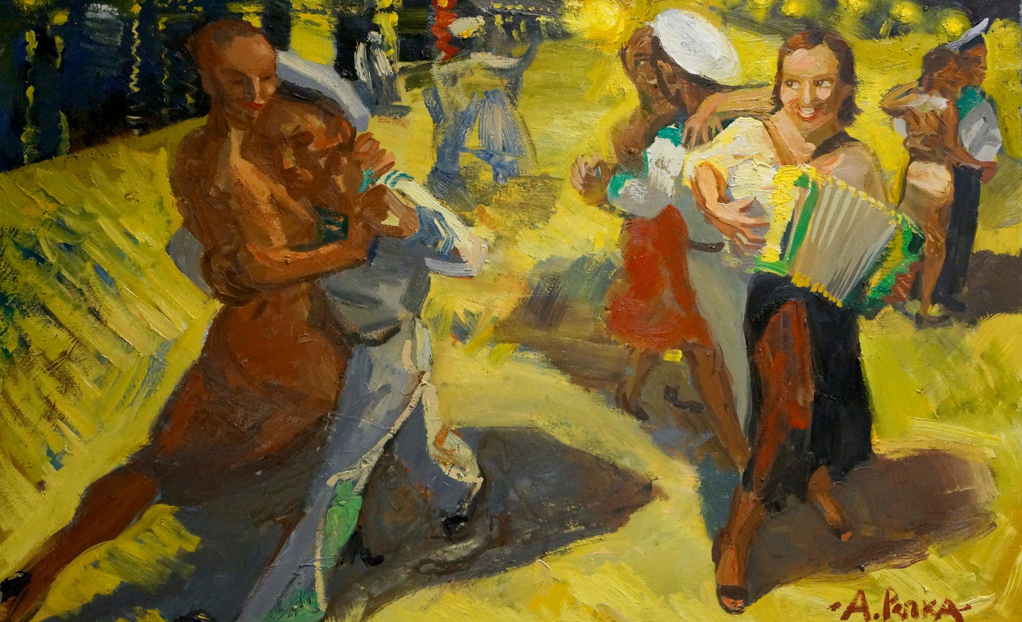 Vibrant yellow oil painting of Dancing Sailors by Repka Alexander Sergeevich