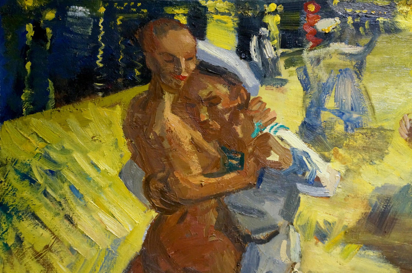 Oil painting of woman embracing figure in Dancing Sailors by Repka Alexander Sergeevich