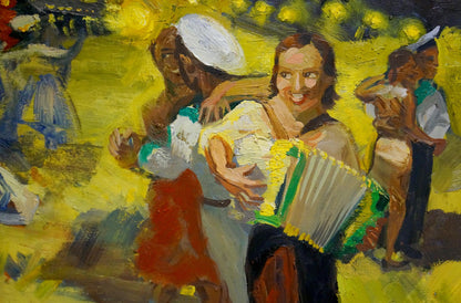 Smiling woman holding vibrant green yellow accordion in Dancing Sailors oil painting by Repka Alexander Sergeevich