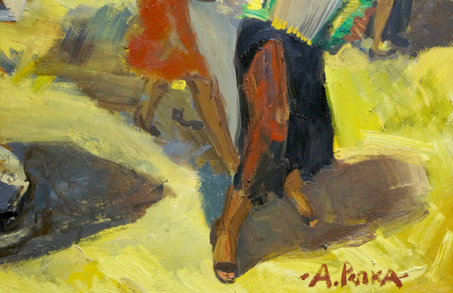 Vibrant impressionistic oil painting of dancing woman in black skirt with red accents by Repka Alexander Sergeevich