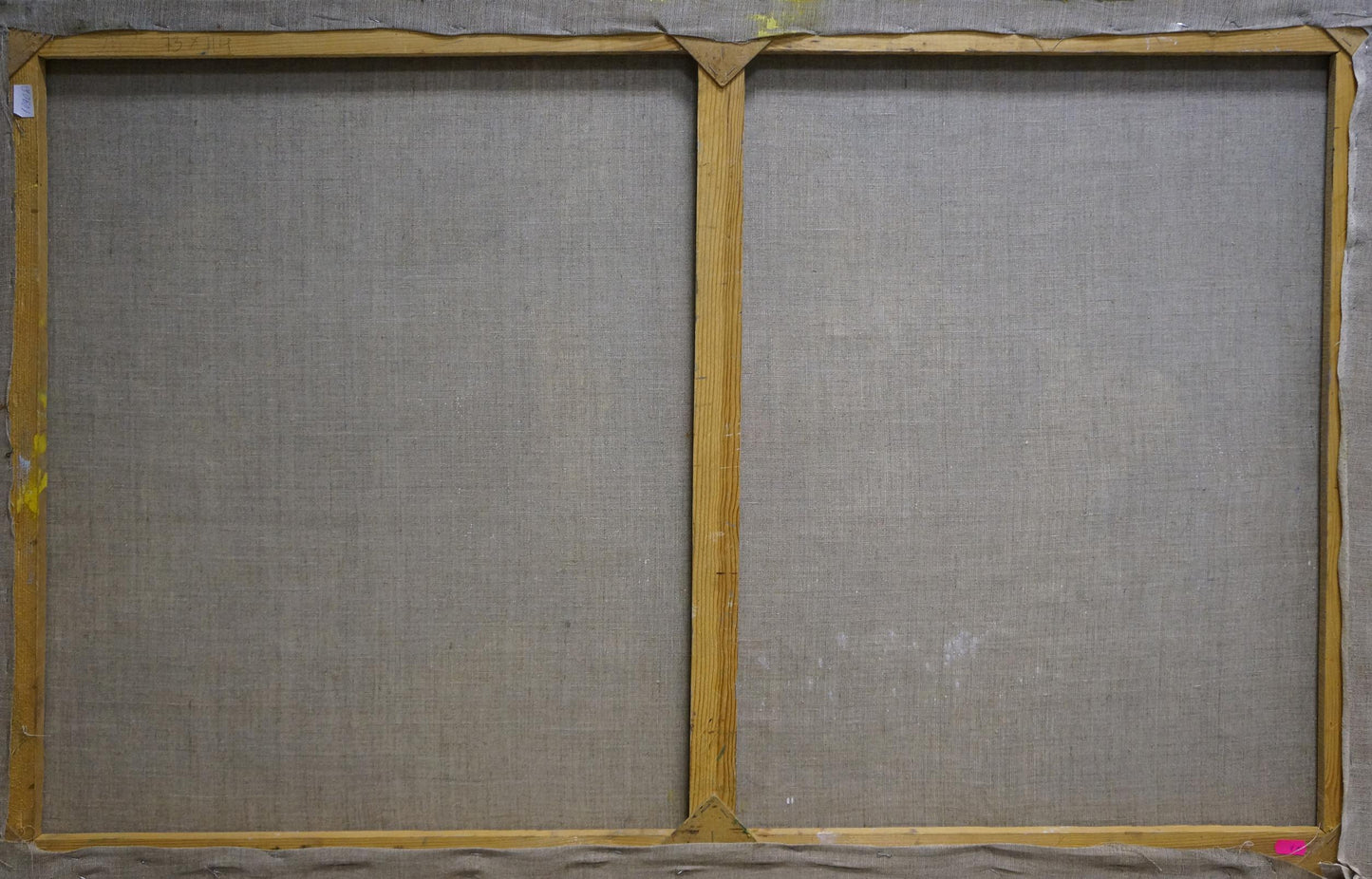 Back of Oil painting Dancing Sailors Repka Alexander Sergeevich two-panel canvas with light brown wooden frame and gray fabric backing