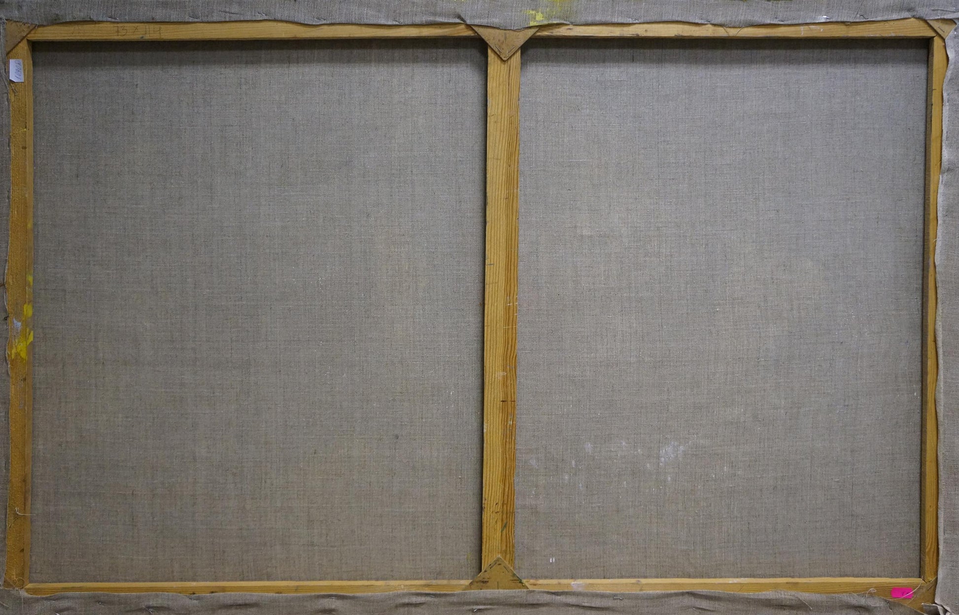 Back of Oil painting Dancing Sailors Repka Alexander Sergeevich two-panel canvas with light brown wooden frame and gray fabric backing