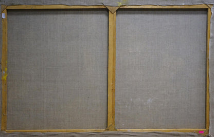 Back of Oil painting Dancing Sailors Repka Alexander Sergeevich two-panel canvas with light brown wooden frame and gray fabric backing