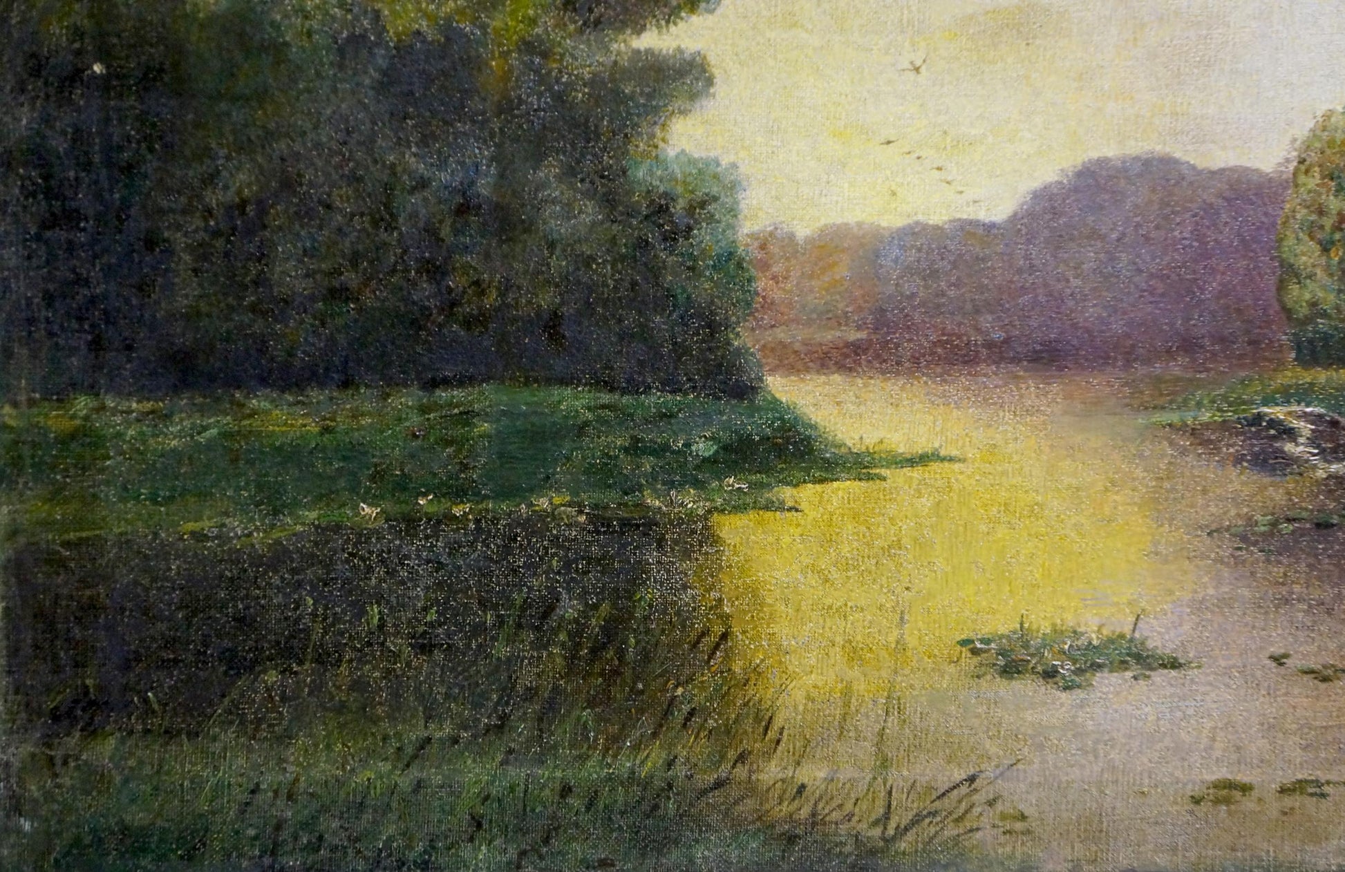 Serene impressionist oil painting of river at dusk by unknown artist