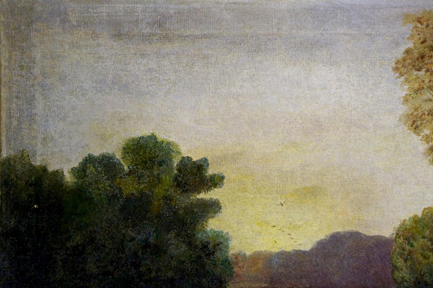 Oil painting Daylight on the river with lush green trees and hazy sky
