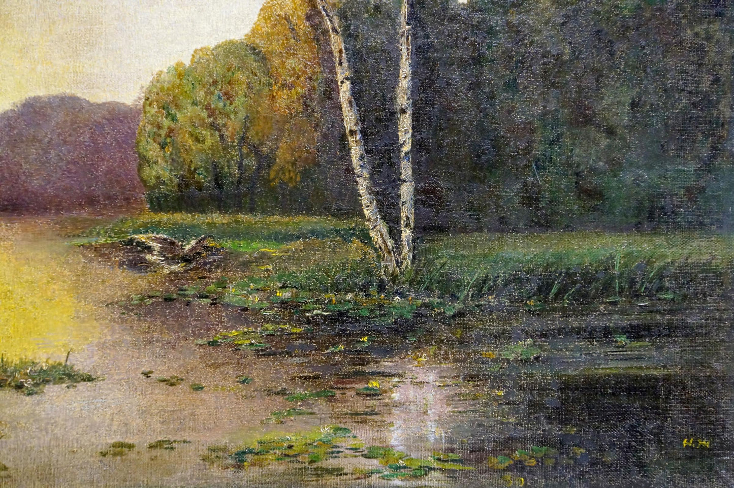 Serene impressionistic oil painting Daylight on the river with tranquil autumn riverbank