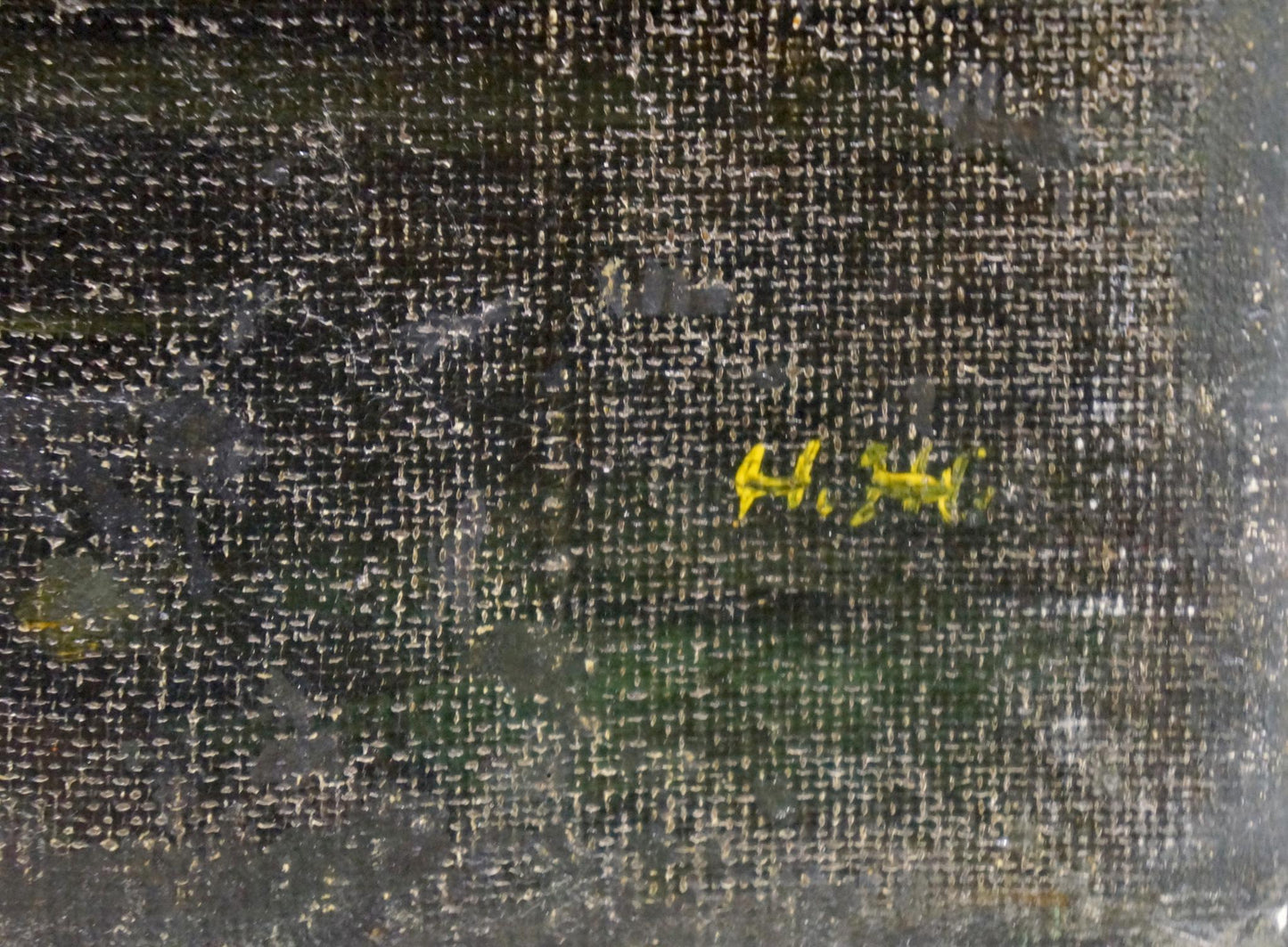 Faded yellow signature on textured dark canvas back of Oil painting Daylight on the river
