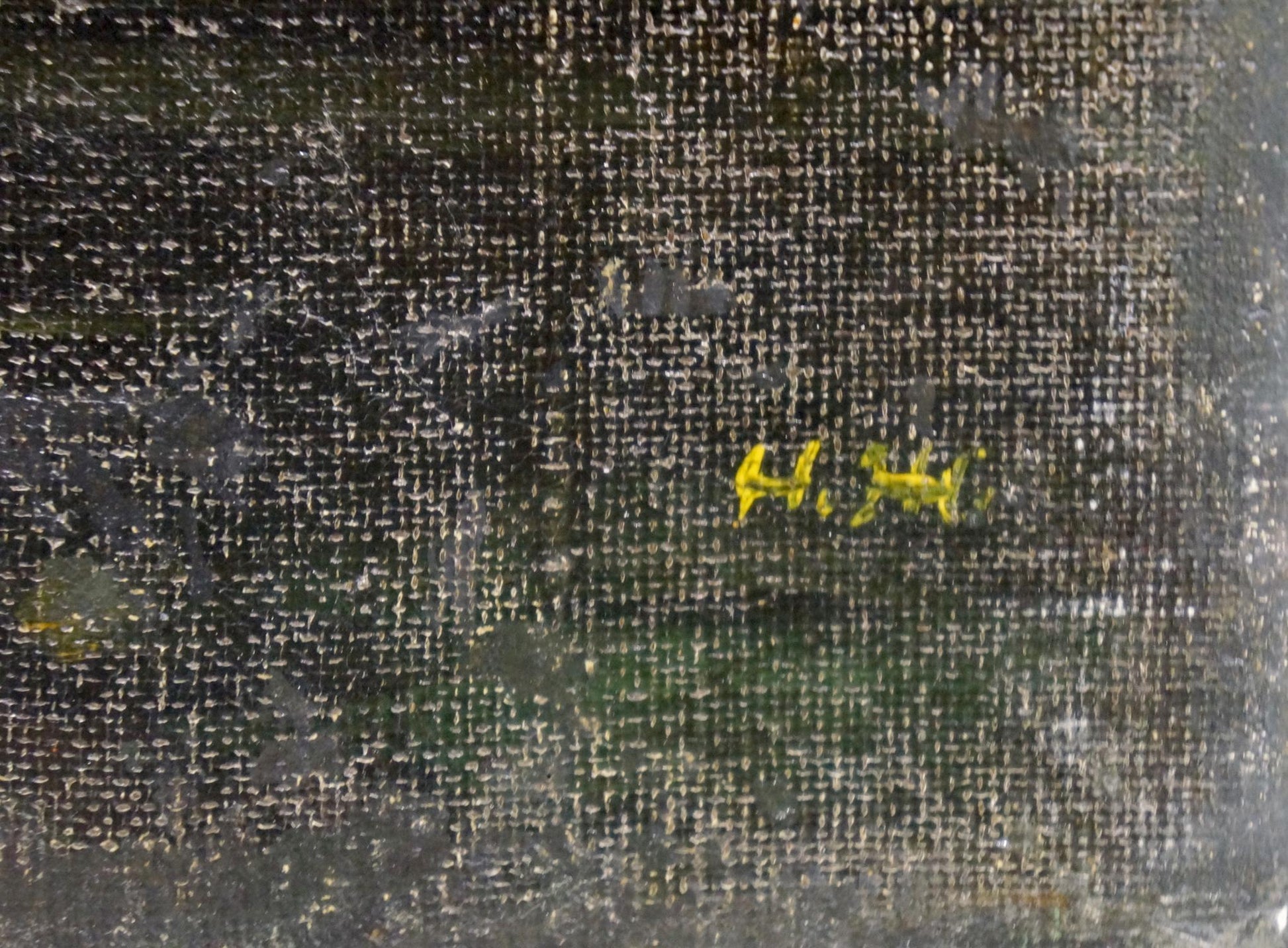 Faded yellow signature on textured dark canvas back of Oil painting Daylight on the river