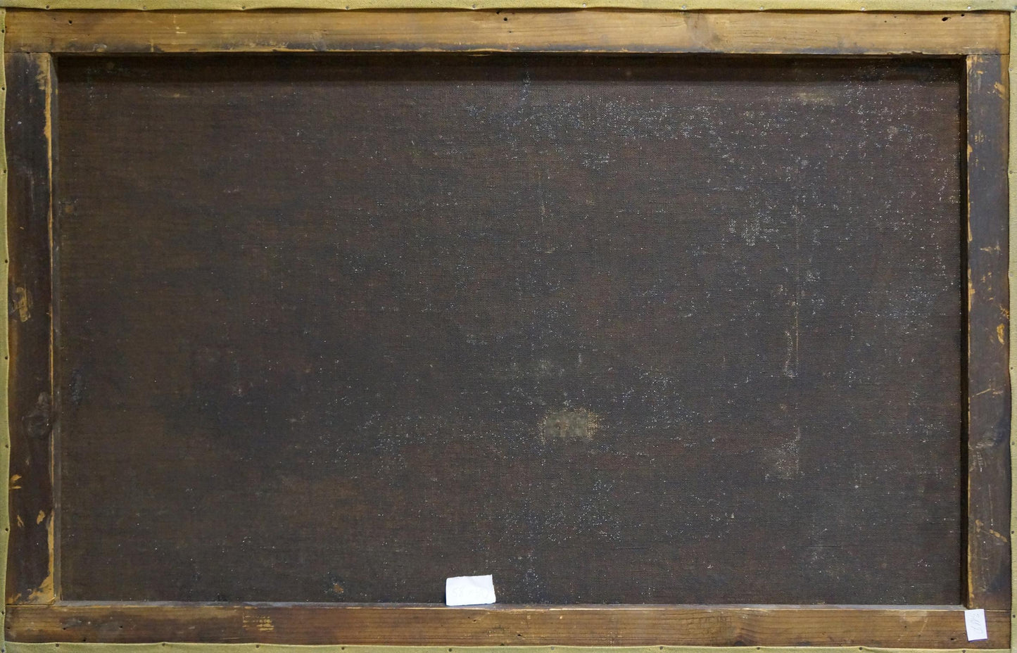 Back of framed Oil painting Daylight on the river with dark textured canvas and worn wooden frame