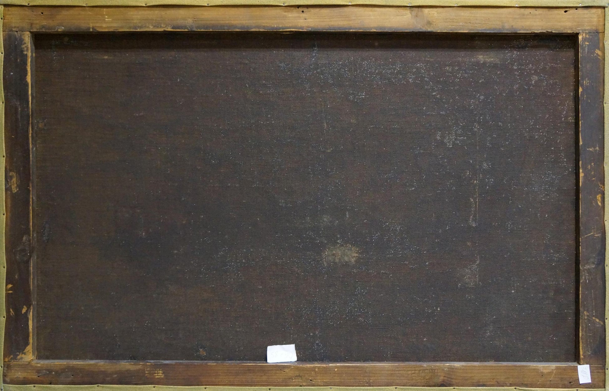Back of framed Oil painting Daylight on the river with dark textured canvas and worn wooden frame