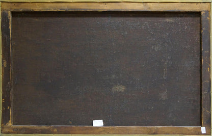 Back of framed Oil painting Daylight on the river with dark textured canvas and worn wooden frame