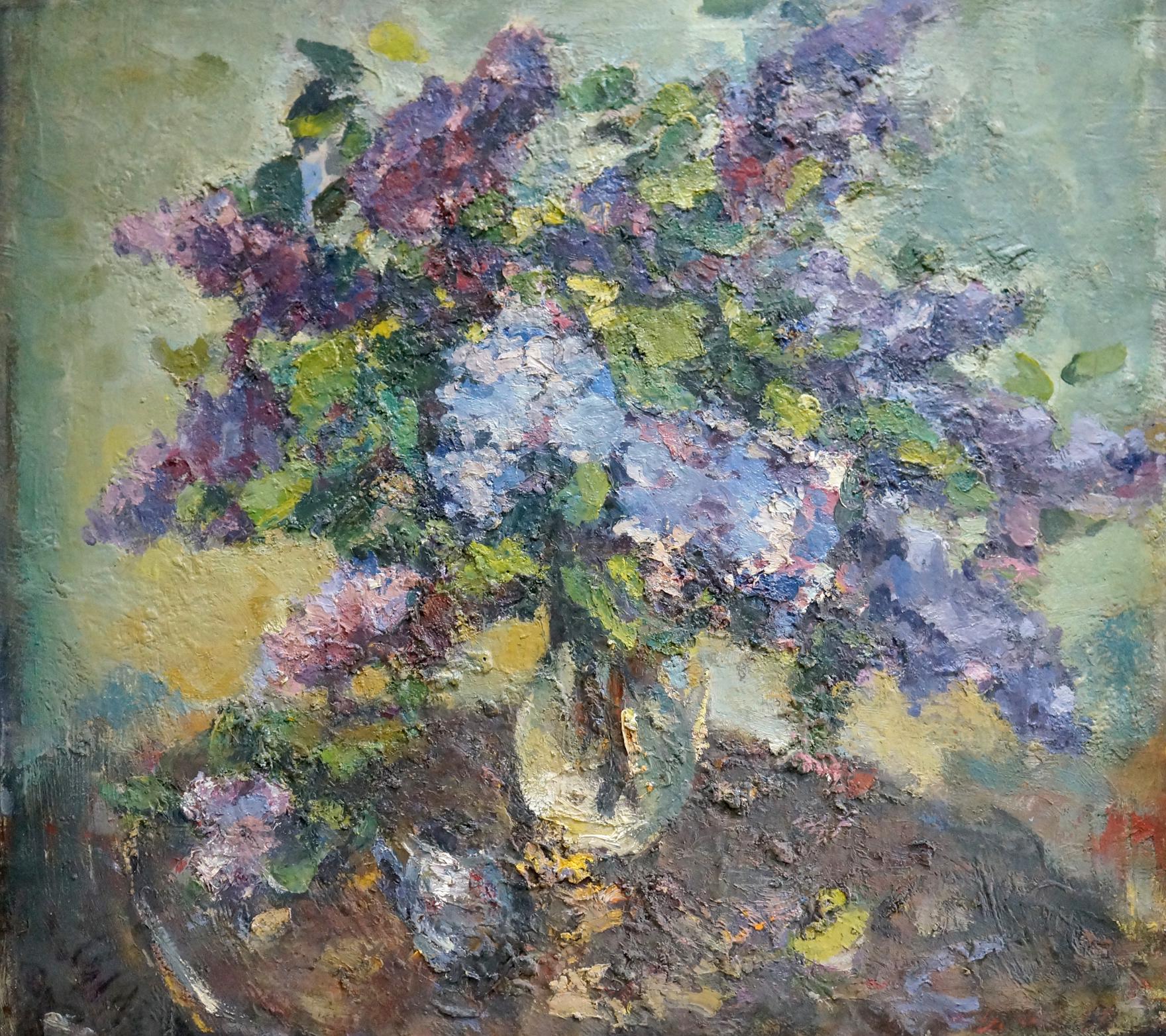 Vibrant oil painting of lilac bouquet in glass vase by Sergey Dupliy