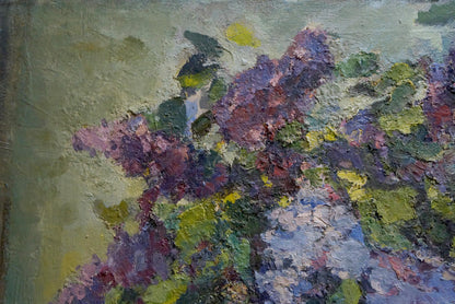 Oil painting of lilac bouquet on table by Sergey Dupliy