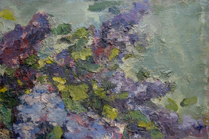 Textured oil painting of lilac bouquet on table by Sergey Dupliy