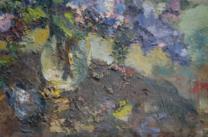 Textured impressionistic oil painting of lilacs bouquet on table by Sergey Dupliy