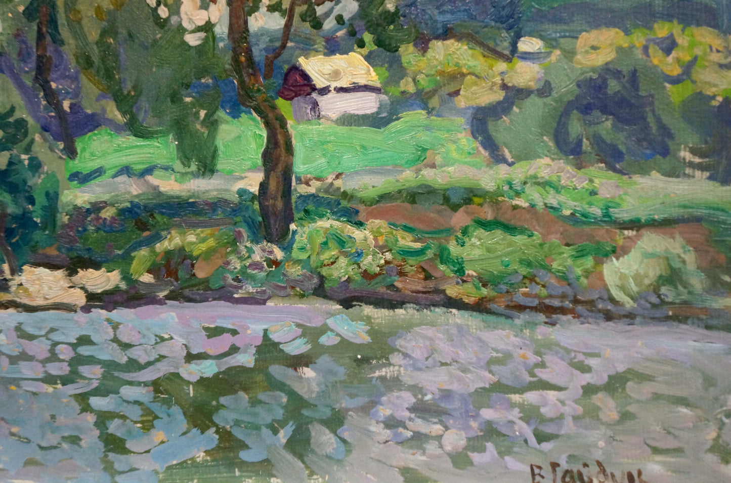 Vibrant impressionist oil painting of serene pond by Gaiduk Viktor Kirillovich
