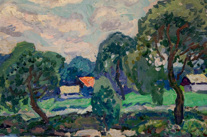 Vibrant impressionist oil painting by Gaiduk Viktor Kirillovich with lush trees and stormy sky