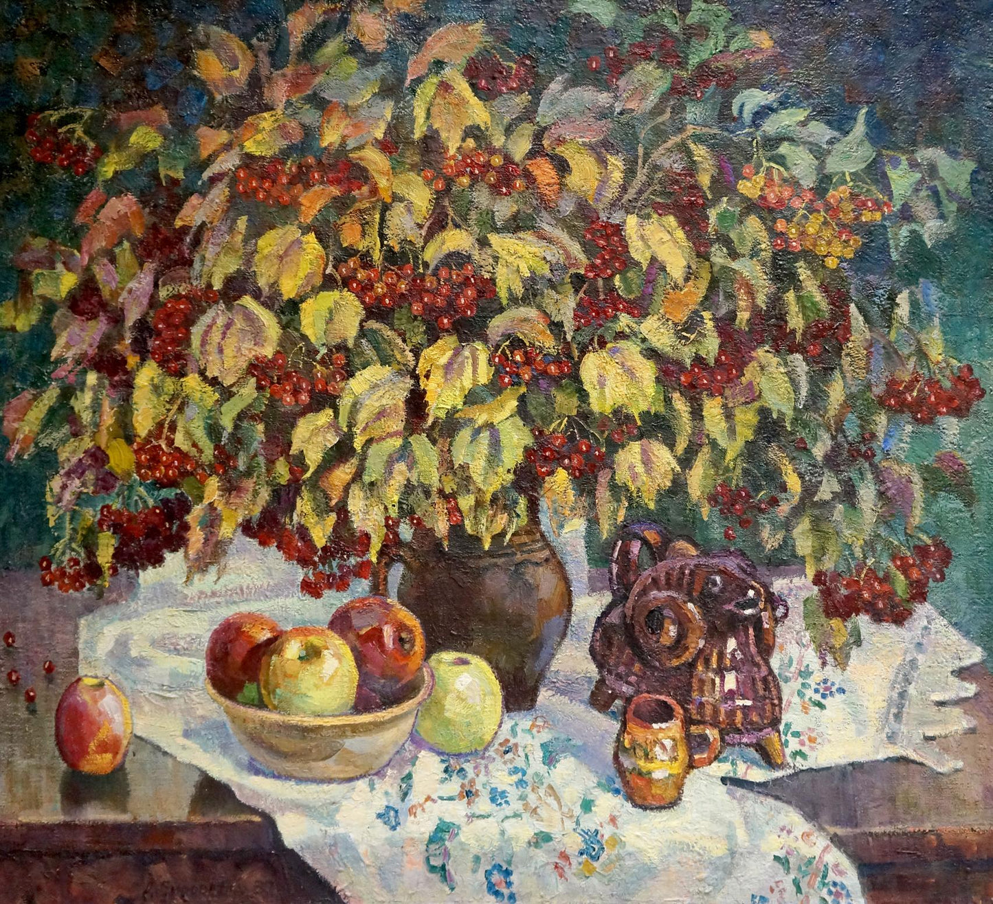 Oil painting of rustic brown pitcher with red viburnum by Syrovatka Dmitry Matveevich