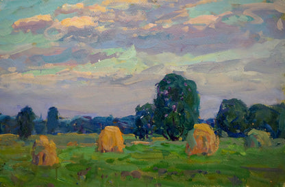 Vibrant impressionist oil painting of haystacks by Fomin Anatoly Nikiforovich