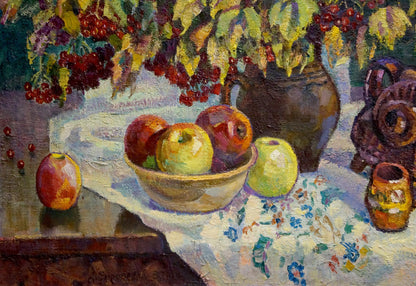 Oil painting by Dmitry Matveevich Syrovatka of rustic bowl with apples