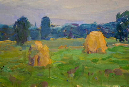 Oil painting of golden hay bales in green field by Fomin Anatoly Nikiforovich