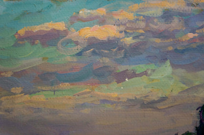 Oil painting Haystacks by Fomin Anatoly Nikiforovich with teal clouds