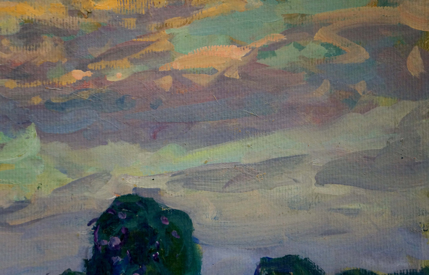 Oil painting Haystacks by Fomin Anatoly Nikiforovich with vibrant sky over foliage