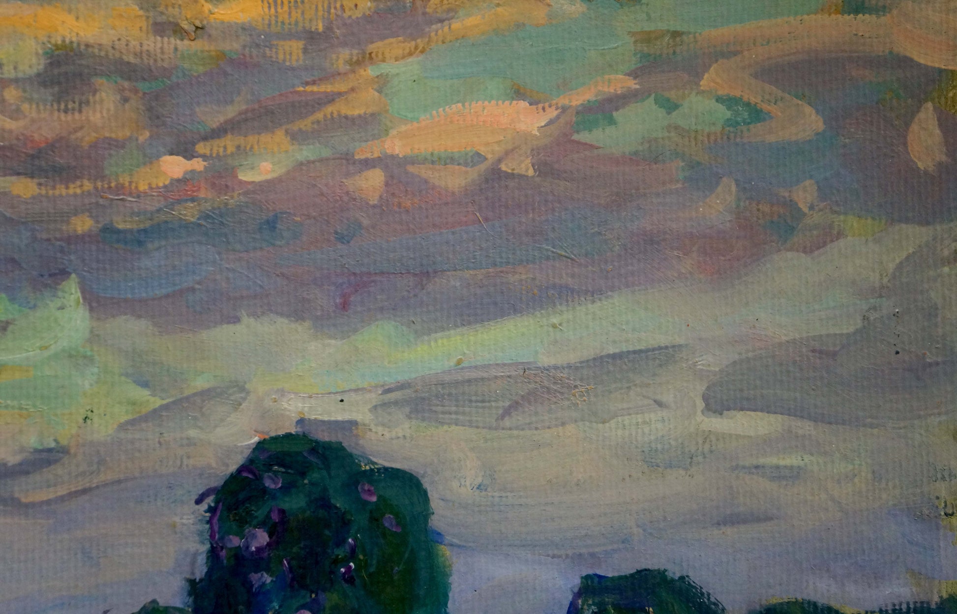Oil painting Haystacks by Fomin Anatoly Nikiforovich with vibrant sky over foliage
