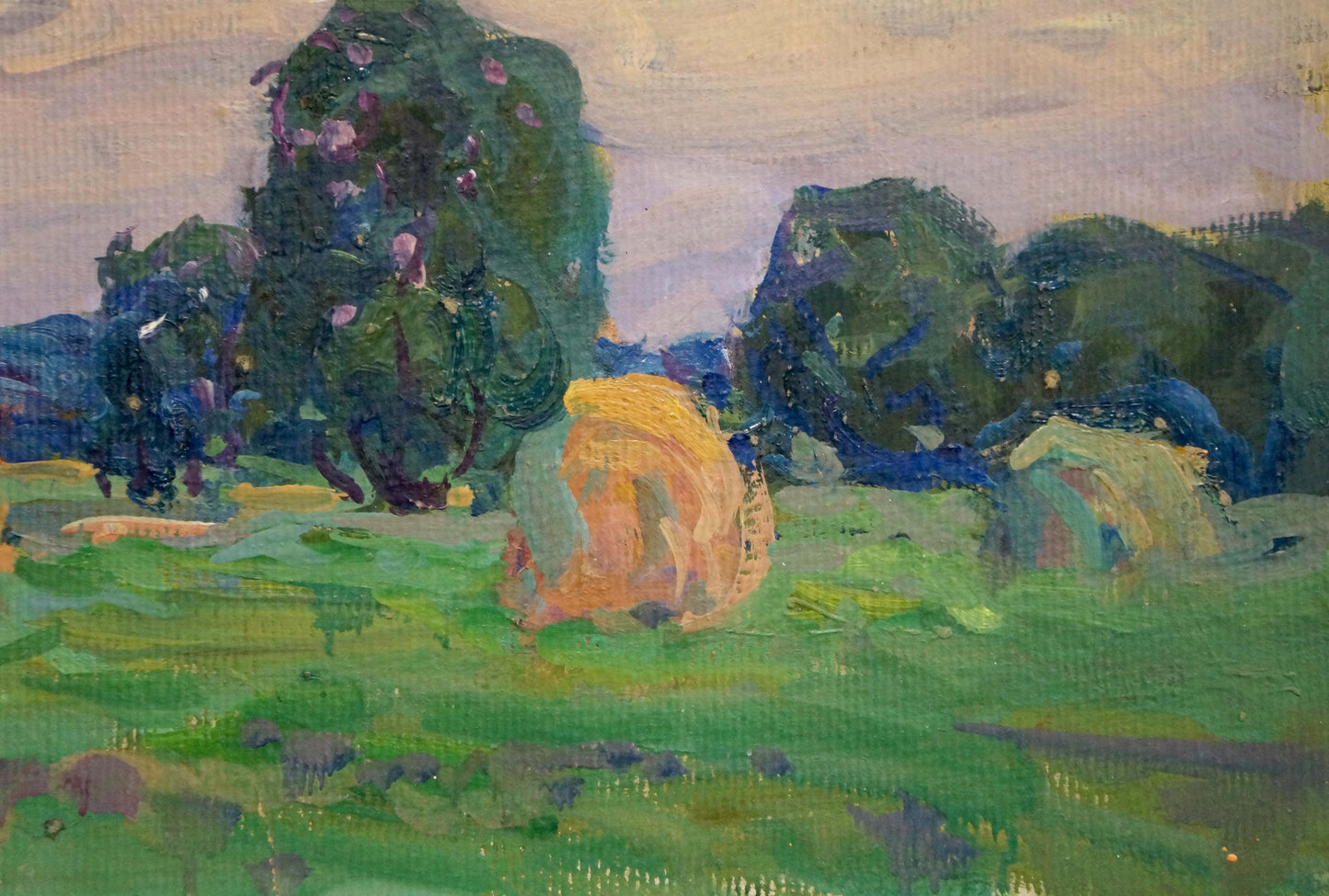 Oil painting of vibrant yellow haystack in lush field by Fomin Anatoly Nikiforovich