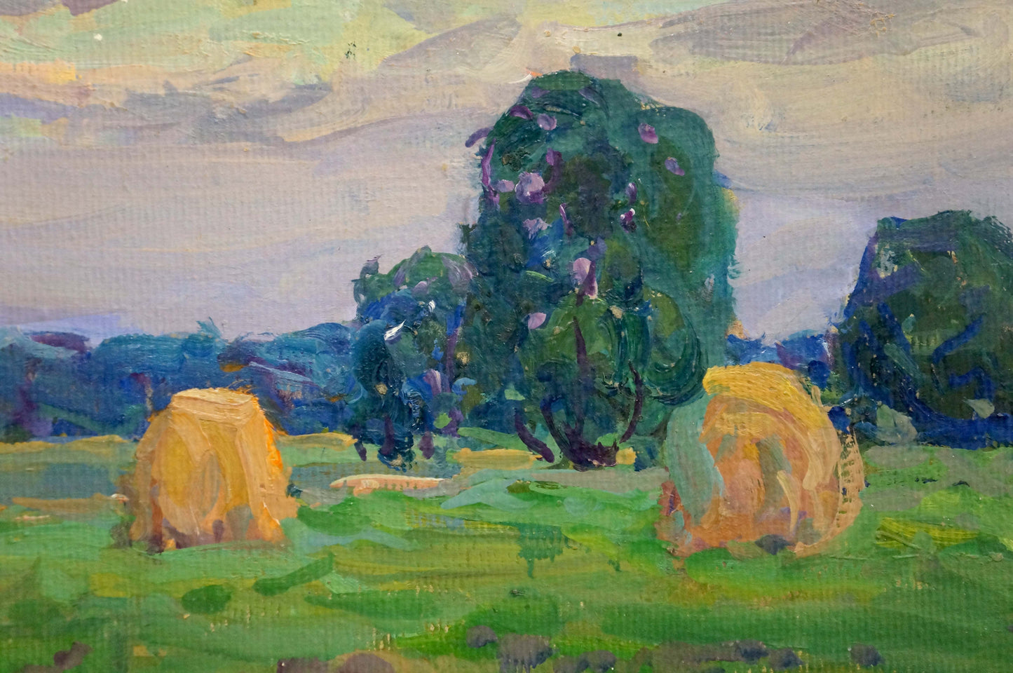 Vibrant impressionist oil painting of haystacks by Fomin Anatoly Nikiforovich