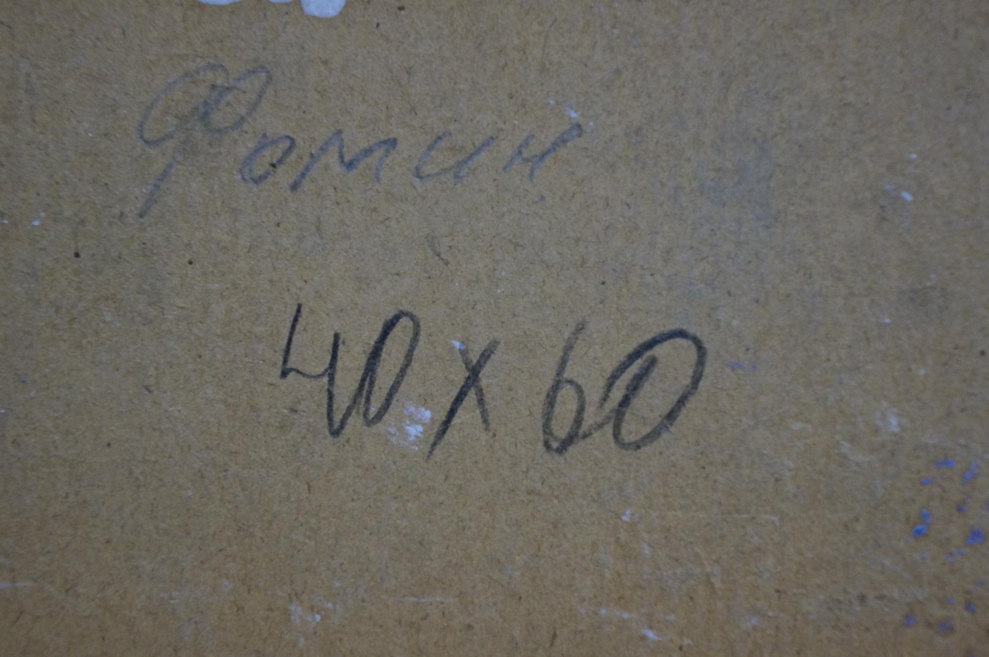 Handwritten Cyrillic script on back of Haystacks oil painting by Fomin Anatoly Nikiforovich
